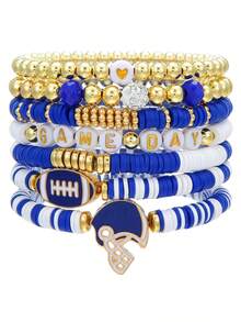 比赛日手链 女士足球手链 红黑蓝 聚合物粘土串珠弹力手链 可叠戴 运动足球手链 手镯 足球妈妈配饰 服装 珠宝礼品