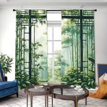 2pcs Bamboo Forest Landscape Curtains, Chinese Ink Painting Pattern, Living Room Bedroom Home Privacy Protection Sun Shade Curtains, Oriental Zen Style Decoration - Nhiều màu - Xem 1