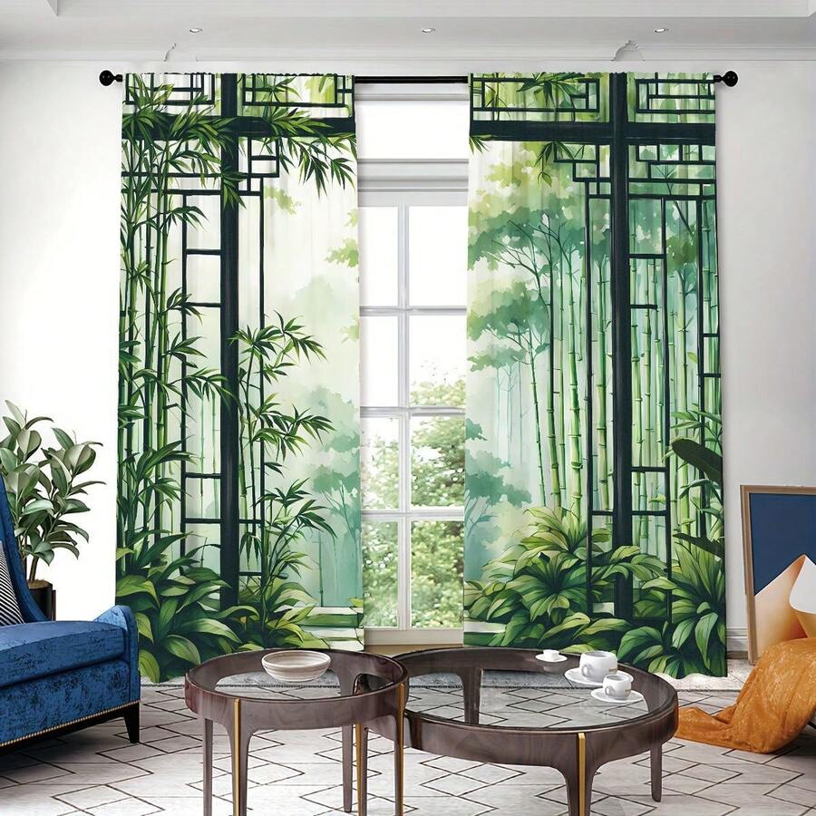 2pcs Bamboo Forest Landscape Curtains, Chinese Ink Painting Pattern, Living Room Bedroom Home Privacy Protection Sun Shade Curtains, Oriental Zen Style Decoration - Nhiều màu - Xem 1