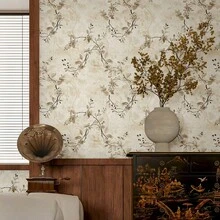 1 卷米色树枝和花卉图案自粘墙纸，可移除和可重复使用的乙烯基墙纸，新中式优雅美学，易于安装，适用于家庭装饰、厨房、浴室、卧室、电视背景、家具贴纸墙贴房间装饰墙面装饰客厅装饰墙面装饰 - 彩色 - 查看 2