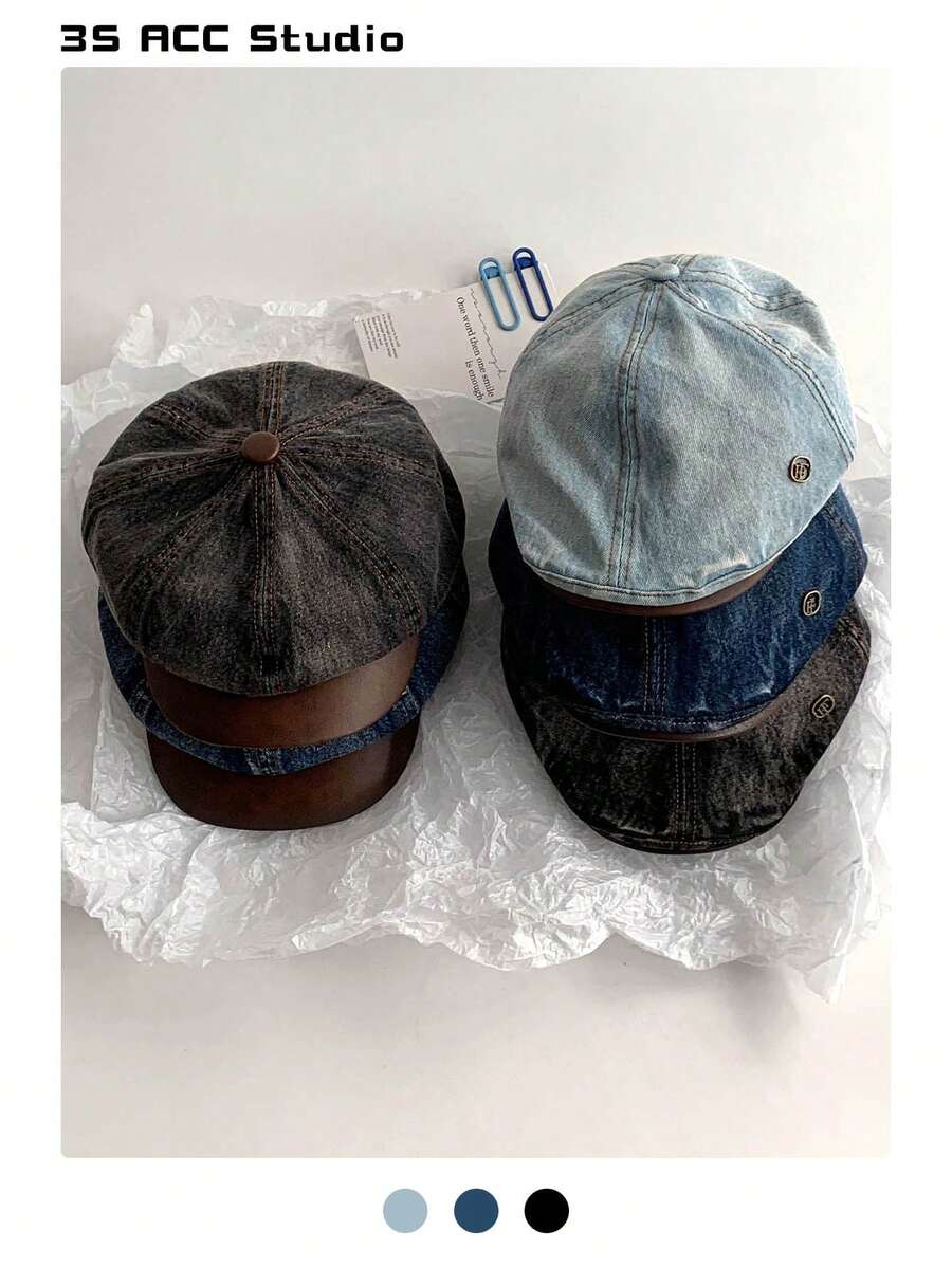 1 件超大号做旧报童帽，新颖设计师风格女士贝雷帽，休闲时尚画家帽，复古水洗做旧外观