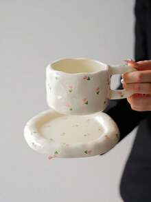 1 Set Floral Ceramic Coffee Cup & Saucer Set, Large Capacity Hand-Painted Ceramic Cup With Coaster, Heart/Flower Pattern, Vintage Style Coffee/Afternoon Tea Dinnerware, Suitable For Spring Brunch, Country Gathering, Women, Commercial Use, And Gifting - Multicolor - View 14