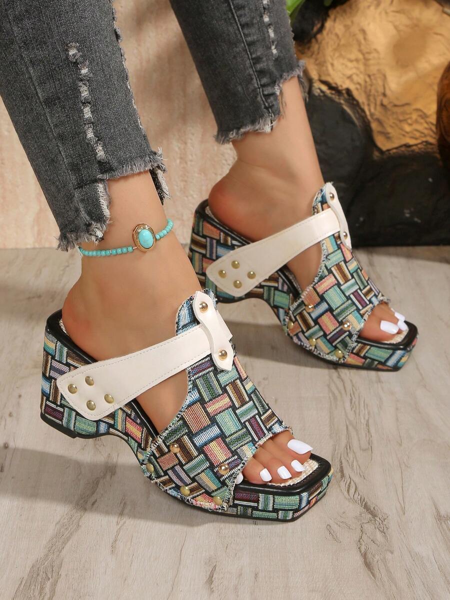 Sandalias de cuña con plataforma alta, estilo bohemio con diseño floral, elegantes, para fiestas, minimalistas, de unicolor, de verano, con punta abierta y deslizante