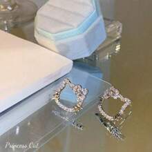 Sanrio 1 Pair Sanrio Rhinestone Hello Kitty Earrings, Fashionable & Elegant Y2K Style, Alloy Luxury Unique Design Jewelry Earrings, Suitable For Travel, Beach Vacation, Fashion Women Earrings, Fashionable White Alloy Stud Earrings, Highlight Girls' Earrings, Hypoallergenic Backpost Design, Suitable For Daily Wear And Women's Gift, Suitable For All Seasons, Exquisite Gift For Girlfriend And Family