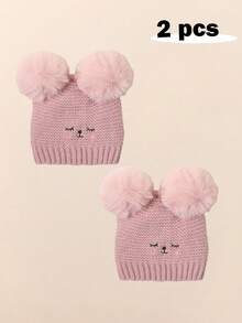 2 pezzi Cappellino neonato/bambino con doppia pallina, occhi chiusi e viso sorridente ricamato, berretto in maglia per neonati, bambini piccoli, inverno caldo cappello in maglia per bimbi e bimbe - Multicolore - Visualizzare 12