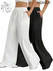 2pcs/Set Loose Fit Wide Leg Pants, Drawstring Waist Plain Color Casual Trousers Summer - Multicolor - View 3