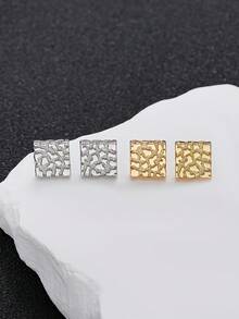 1 par de pendientes de botón cuadrados con textura geométrica vintage, pendientes de pepita chapados en oro de 18 quilates para hombres, pendientes de atuendo urbano, joyería diaria para hombres - Cuadrado - Ver 5