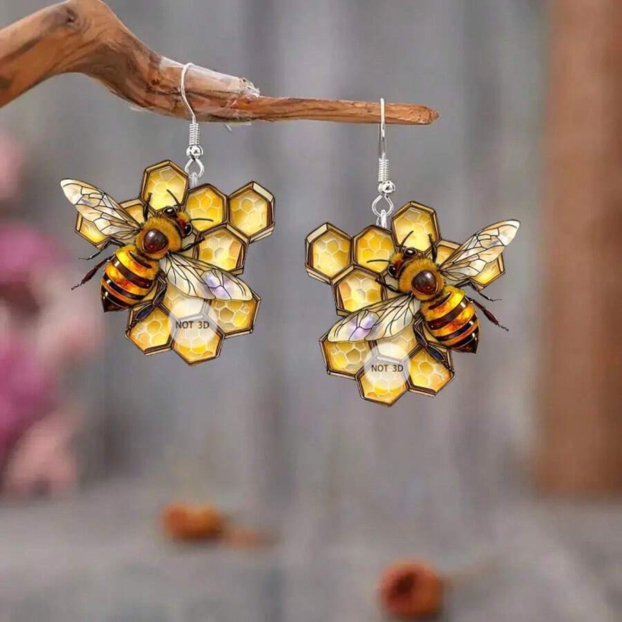 Needle Honeycomb Bee Pattern Acrylic Earrings Lovely Summer Cute Bee Earrings - Nhiều màu - Xem 1