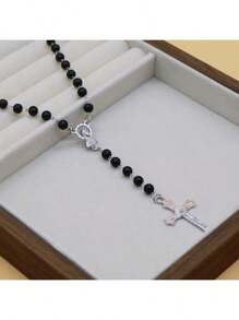 1pc Black Elegant Classic Pearl Long Necklace With Fashionable Cross Pendant, Beaded Chain Necklace, Versatile Accessory For Women & Men, Suitable For Party, Daily Wear, School, Travel