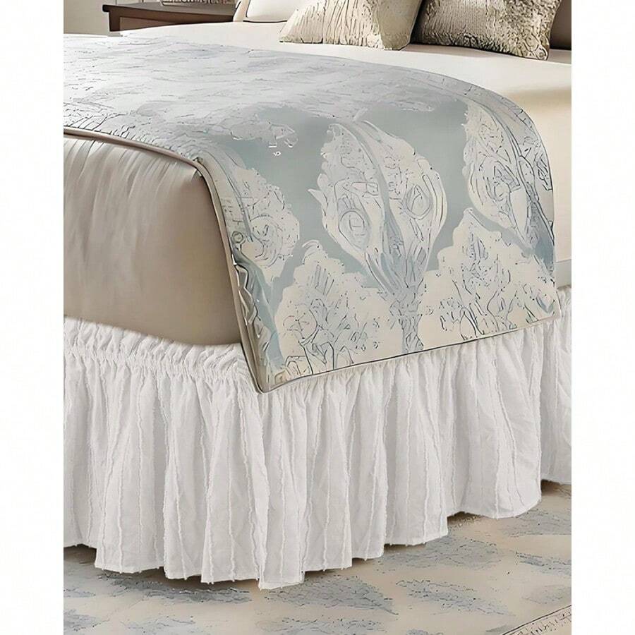 King Size Bed Skirt 15 Inch Drop Boho Wrap Around Bed Skirt White Adjustable Elastic Dust Ruffle With Tufted Dot For Home Hotel Decor - 白色 - 查看 1