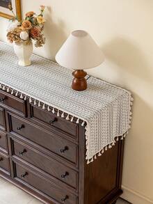 1 buc. Față de masă din dantelă bej, eșarfă pentru șemineu în stil boem, dreptunghiulară, model geometric minimalist, ciucuri bej, potrivită pentru dulapuri, bufete, față de masă lavabilă, decorativă pentru dormitor, bucătărie, sufragerie, petreceri, nunți, evenimente tematice, toate anotimpurile, decor de toamnă