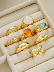 14/8pcs Vintage, Boho Fashion Elegant Delicate Retro Floral, Pearl, Heart, Colorful Gemstone, Textured Water Drop, Wave, Cross, Minimalist Smooth Plain Wide Band Exaggerated Chunky Ring Set, Suitable For Holiday, Party, Date, Gift, Daily Wear