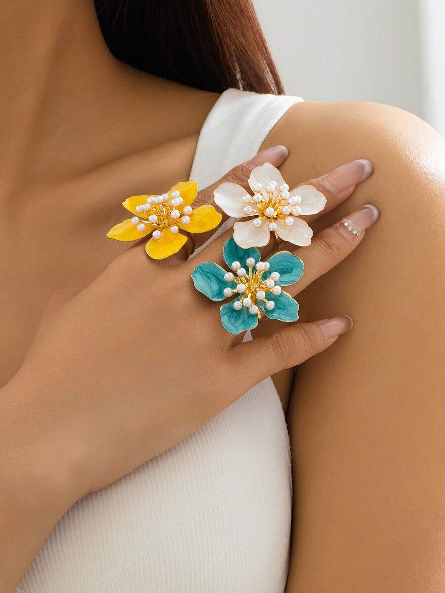 1 件釉面 3D 花朵设计女士戒指，时尚优雅，适合派对、宴会和日常佩戴 - 花 - 查看 1