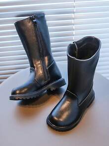 1 Pair New Glossy Mid-Calf Boots. Classic Glossy Black With A Fashionable Shine, Made Of Durable PU Material. Side Zipper For Easy On/Off, Soft Lining And Thickened Sole Design For Stability And Anti-Slip. Versatile For Daily Outings, School Activities For Children Aged 5-18, Autumn/Winter 2025 New Arrival