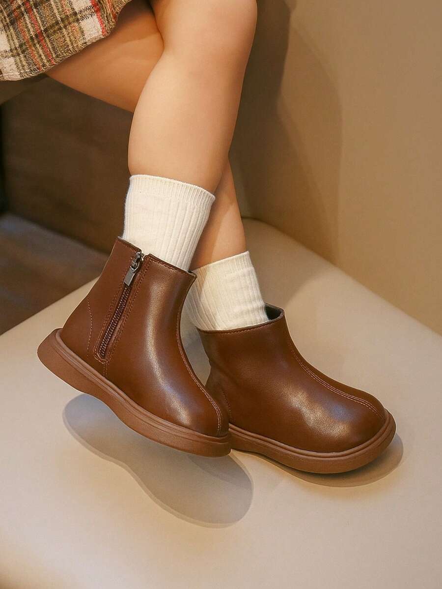 2025 Autumn/Winter New Brown Fashion Children's Shoes, Stylish Boys/Girls Ankle Boots. Minimalist Solid Color Boots, Suitable For Casual Sportswear Or Cute Dresses, Fits Any Season