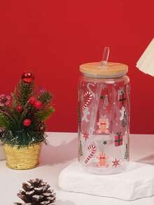 16盎司彩色圣诞图案梅森杯，单层PC梅森瓶配竹盖，475毫升圣诞塑料杯