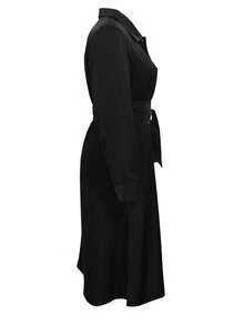 Vestido camisero de manga larga negro elegante para mujer de talla grande - Atuendo de negocios y casual con detalle de corbata y cierre de botones para primavera/verano/otoño