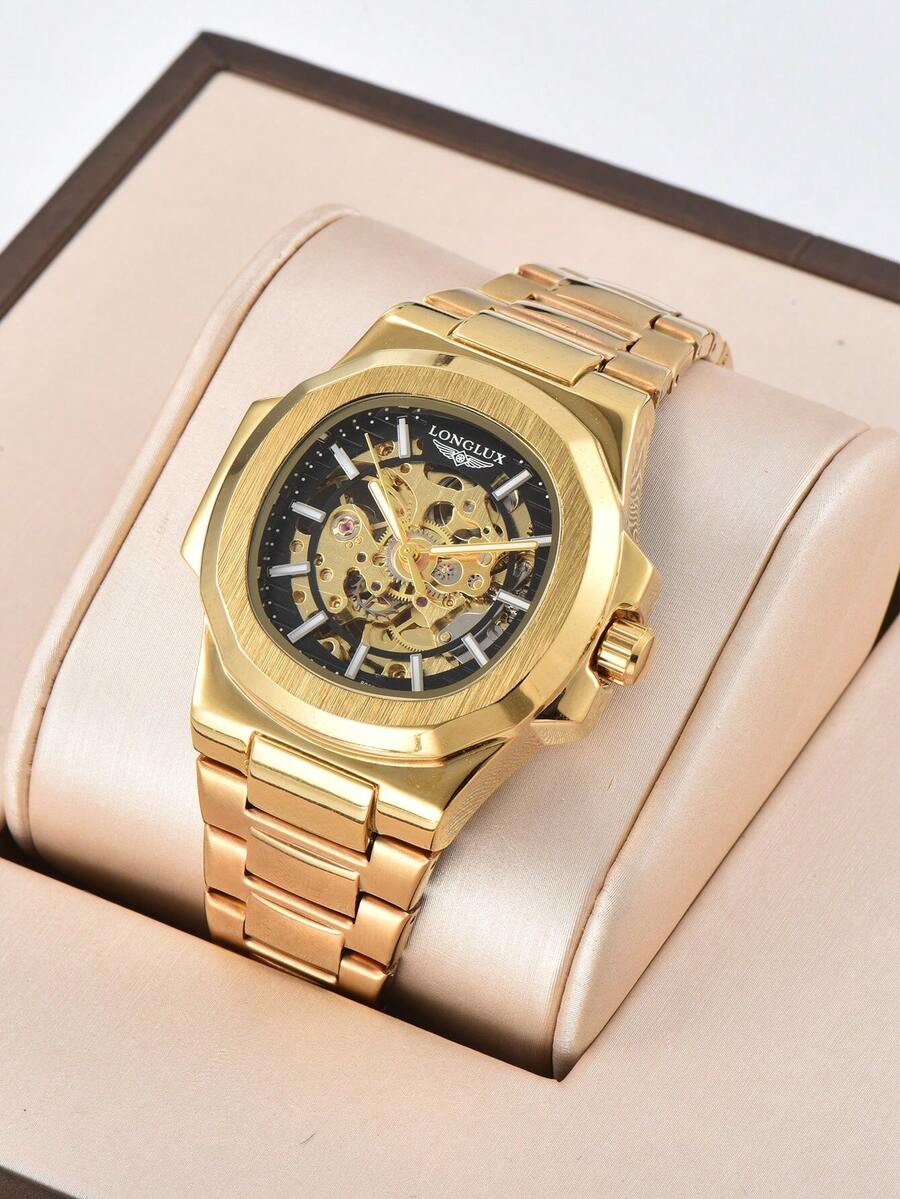 LONGLUX 1pc Men's Hollow Automatic Mechanical Watch With Butterfly Buckle Steel Band, Business Watch - Vàng - Xem 1