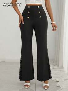 Elegant Double Breasted Lace Patchwork Flared Pants - Black - View 1