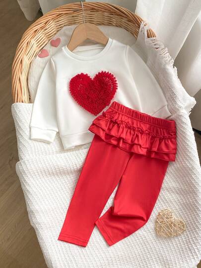 Adorable Baby Girl2pcs Set: White Heart Sweatshirt + Red Ruffle Hem Pants, Cute & Sweet, Suitable For Casual Daily/Outdoor Wear In Autumn