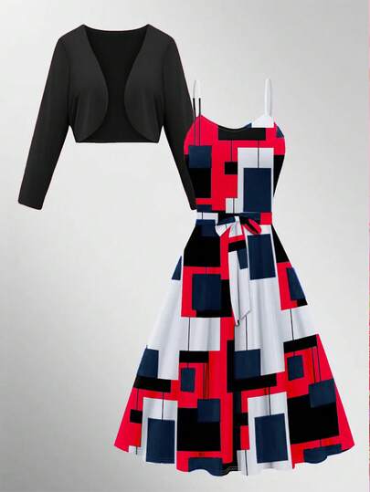2pcs/Set Women Solid Color Long Sleeve Cardigan And Geometric Print Camisole Dress