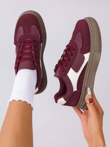 女式复古厚底系带休闲运动鞋，春秋季 - 酒紅色 - 查看 2