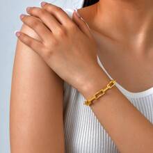 18K 镀金 1 件不锈钢压花矩形手工链条手链，适合女士日常佩戴、节日礼物、朋友和情侣礼物 - 金黃色 - 查看 3