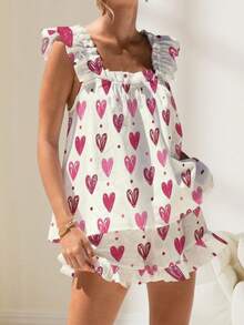 Womens Casual 2 Piece Outfits Sleeveless Graphic Print Ruffle Tank Tops + Shorts Set Streetwear - trắng - Xem 4