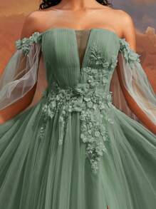 VIPGIRL Off-Shoulder Green Sheer Evening Gown, Decorated With Floral Appliques, Romantic Formal Dress, Fairy Princess Formal Gown, High Slit Dress, Garden Wedding Guest Dress, Elegant A-Line Sheer Dress - Green - View 2