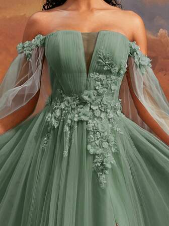 VIPGIRL Off Shoulder Green Tulle Evening Dress With Floral Applique, Romantic Prom Ball Gown For Women, Fairy Princess Formal Gown, Long Maxi Dress With High Slit, Garden Wedding Guest Dress, Elegant A-Line Tulle Dress