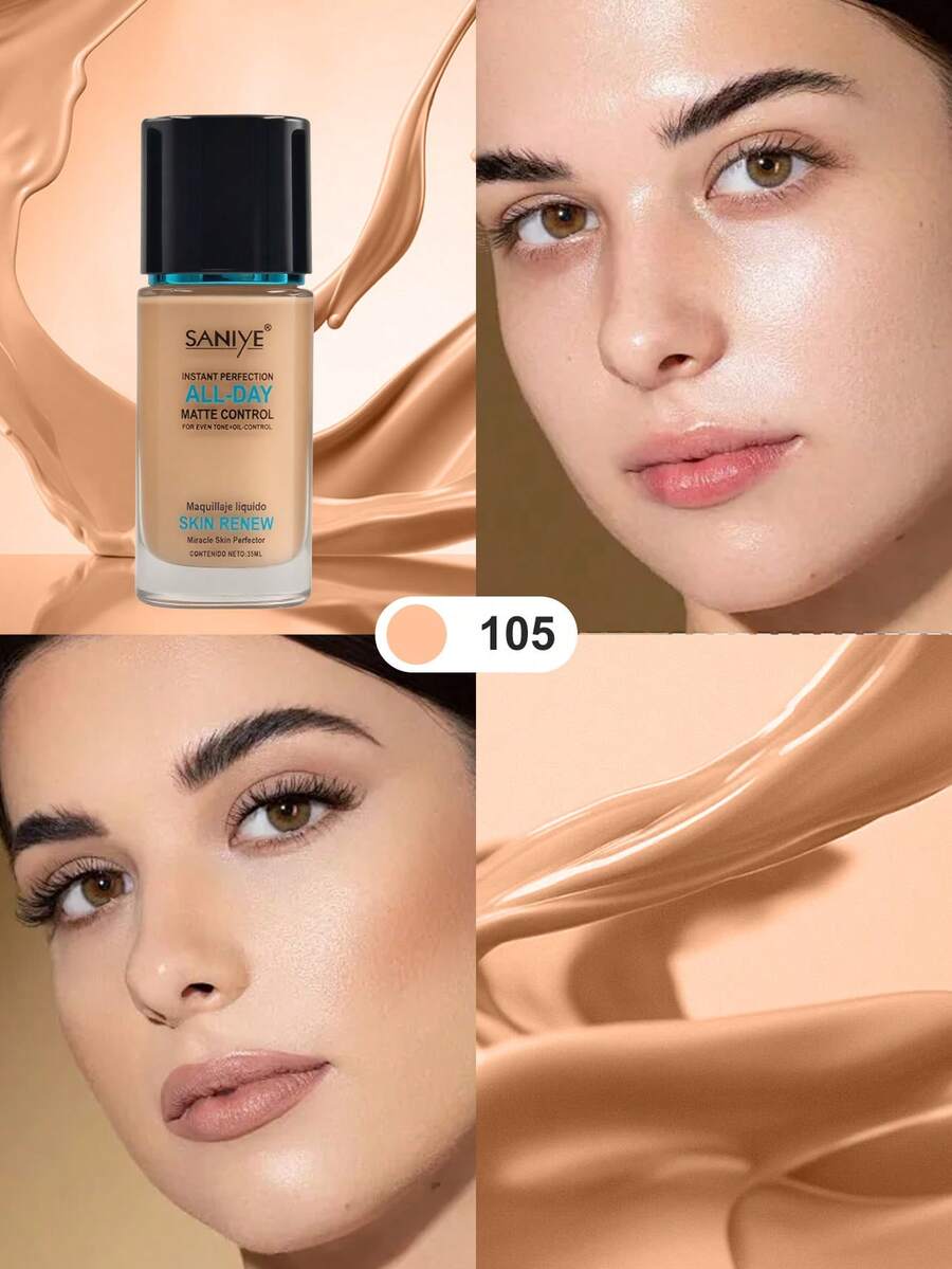 Saniye Base de Maquillaje Profesional 3 Tonos Claros Medianos y Oscuros Cobertura Perfecta para Todo Tipo de Piel Ligero y Duradero 24 Horas Sin Cuartearse u Oxidarse Ideal para Piel Mestiza Morena y Trigueña - 105 - Ver 1