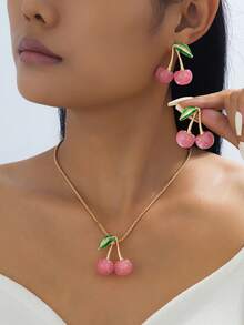 1pc/Set Fashionable French Sweet Cherry Pendant Necklace & Earrings Jewelry Set For Women, Elegant & Cute For Party, Daily Wear, Valentine's Day Gift - Elegant Style - View 2
