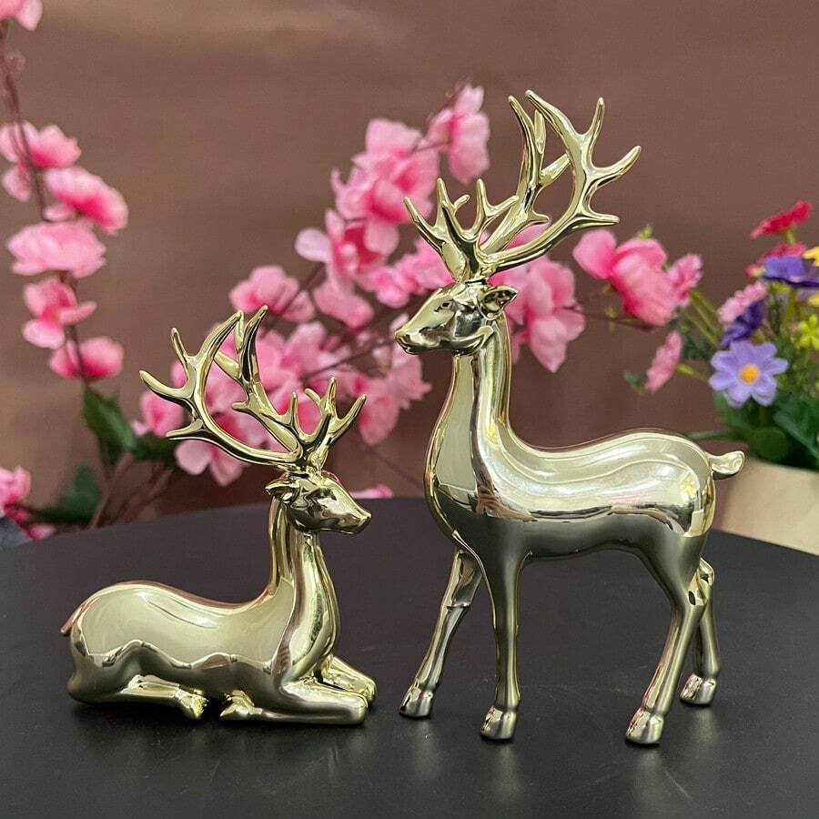 2 Stück/Set handgefertigte Harz Weihnachtsdekoration für Zuhause, Goldene Hirschfigur