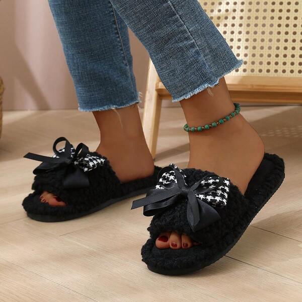 Plaid Bow Soft Sole Quiet Warm Indoor Slippers, Suitable For All Seasons