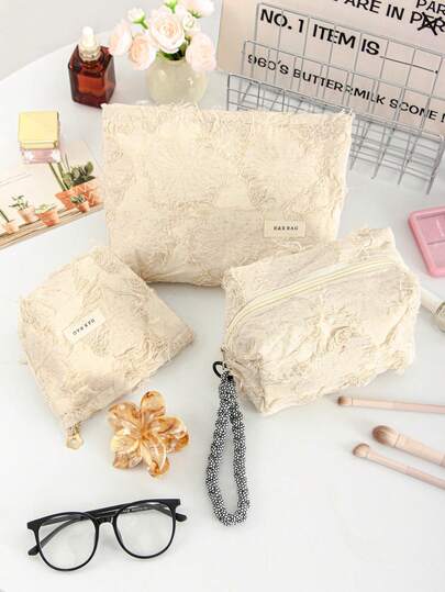 1 pieza Bolsa de maquillaje con borla blanca de estilo jacquard, todo a juego, de vuelta a la escuela, Halloween a granel, de gran capacidad, con cremallera, portátil y de moda casual, para almacenamiento de artículos de viaje, papelería, vacaciones, esenciales de cosmética, auriculares con cable, cargador, lápices labiales, cosméticos, perfume, cuidado de la piel y productos de belleza, decoración del hogar, para mujeres, enfermeras, estudiantes, niñas escolares, regalos festivos, bolsa, bolsa de maquillaje, artículos esenciales de viaje