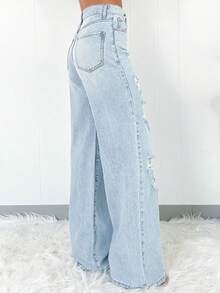 Women's Casual Distressed Denim Flare Jeans - Blue - View 2