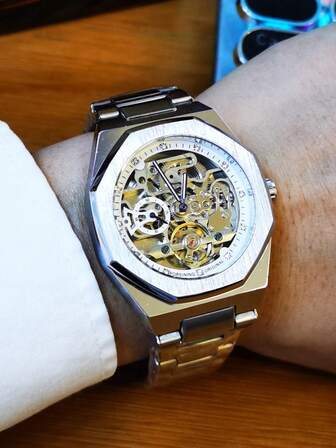 FORSINING 1pc Men Luxury Tourbillon Skeleton Automatic Mechanical Watches Stainless Steel Strap Iced Out Dial Luminous Hands Fashion Business Casual Men Watch Gifts