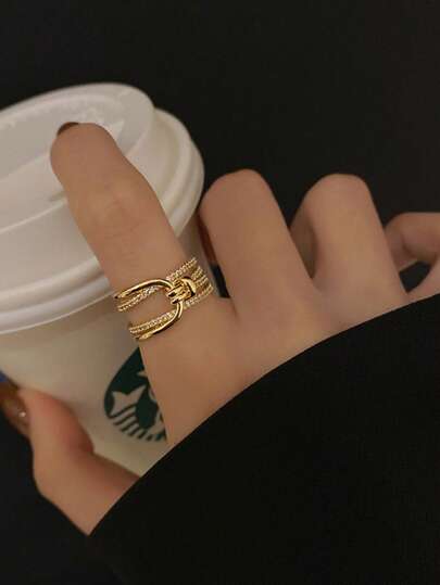 خاتم نحاسي أنيق متعدد الطبقات مزخرف بالزركونيا المكعبة قطعة واحدة، دبوس خاتم نجمي مفتوح