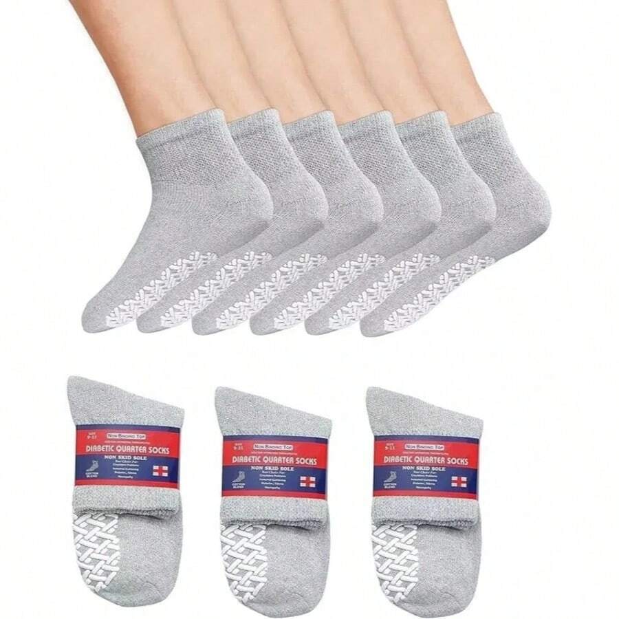 6 Pairs Men's Ankle Socks Non-Skid Grip Diabetic Ankle Quarter Socks Non Binding Loose Fit Top - 灰色 - 查看 1
