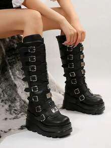 Women's Goth Platform Knee High Boots Fashion Metal Buckle Wedges High Heels Round Toe Zip Punk Combat Boots - Đen A - Xem 2