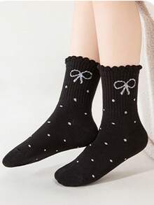 5双春秋冬儿童袜子，黑色，白色，灰色，波点，蝴蝶结袜子，百搭，休闲运动女童袜 - 彩色 - 查看 4
