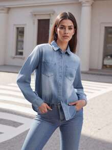 Women Denim Shirt, Long Sleeve Button-Down Solid Jacket Fall Tops With Pockets For Casual Daily - Blue - View 3