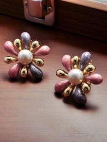 1 par de elegantes pendientes de mujer con diseño de fuegos artificiales vintage esmaltados, con perlas incrustadas, adecuados para uso diario - fuegos artificiales - Ver 3