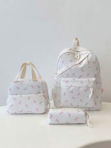 Bộ 3 món phong cách sinh viên thường ngày in hình nơ, bao gồm ba lô, túi đựng cơm trưa, túi đeo chéo và hộp bút có ngăn đựng laptop, dây đeo có thể điều chỉnh, nhiều ngăn dung tích lớn, bộ ba lô đa chức năng, phù hợp cho nữ/bé gái/thanh thiếu niên/sinh viên đại học/sinh viên tốt nghiệp sử dụng hàng ngày/kỳ nghỉ/du lịch/trở lại trường, ba lô nơ dễ thương, nơ, Kawaii - trắng - Xem 6