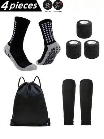 4pcs/Set Football Sports Anti-Slip Sock Set - 1 Pair High Quality Anti-Slip Short Leg Warmers, 1 Pair Leg Sleeves, 1 Drawstring Sports Bag And 3 Bandages - Breathable Knit Fabric, Machine Washable, Solid Color Design, Suitable For Football Training, Football Match Accessories, Running, Fitness