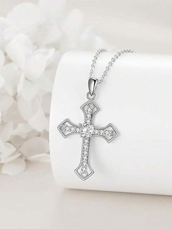 1pc Fashionable Minimalist Cubic Zirconia Decorated Cross Pendant Necklace For Men, Versatile For Everyday Wear