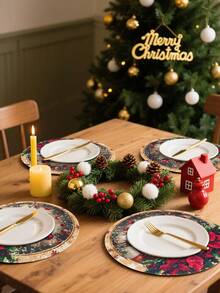 4件套圣诞圆形亚麻餐垫，饰有圣诞老人、驯鹿、红色花卉和圣诞球图案，西部风格餐桌垫，圣诞派对装饰，家居圣诞装饰，圣诞装饰，厨房装饰，桌面装饰，节日派对用品，咖啡桌装饰，餐厅配件，冬季装饰，新年派对用品 - 彩色 - 查看 10