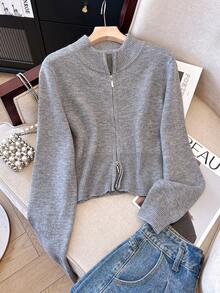 1 pieza Cárdigan de punto de unicolor con cremallera de doble vía, adecuado para vacaciones, uso diario, viajes, fiestas de cumpleaños, citas nocturnas, otoño/invierno