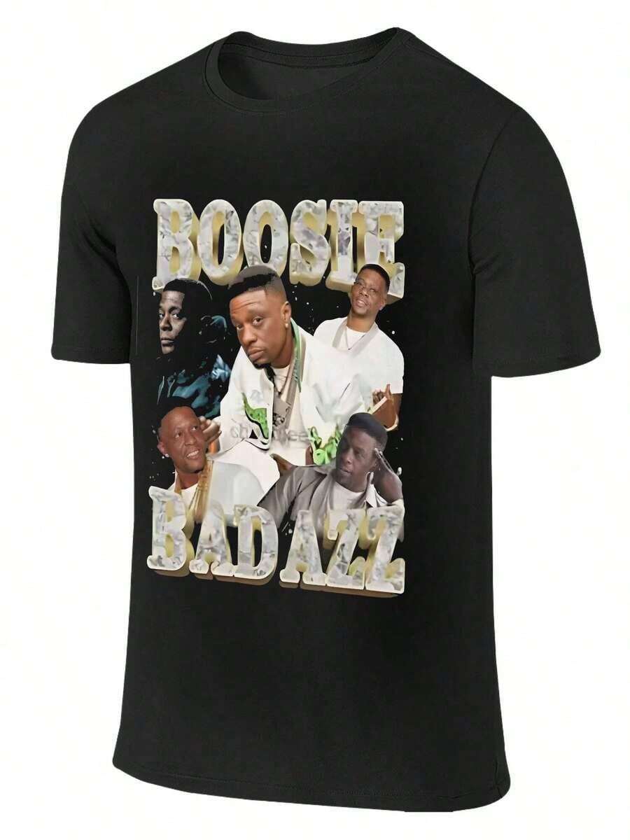 Boosie Badazz Retro Graphic T-Shirt - Black Short Sleeve Crew Neck Tee With Bold "BOOSE BAADAZ" Print & Camouflage Design, Unisex Casual Activewear For Men & Women, All-Season Comfort, Comfortable Fit, Everyday Outfit, Bohemian Style, Durable Material, Fashion Enthusiasts - màu đen - Xem 1