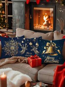 4 Stücke, einseitig bedruckter Kissenbezug, Blau und Gold Weihnachtsthema Schneeflocken und Glocken Serie Kissenbezug Set, 40x40cm/45x45cm/50x50cm, Heimdekoration Kissenbezug geeignet für Wohnzimmer Sofa und Schlafzimmer, Kissenkern nicht enthalten - Blau - Übersicht 6